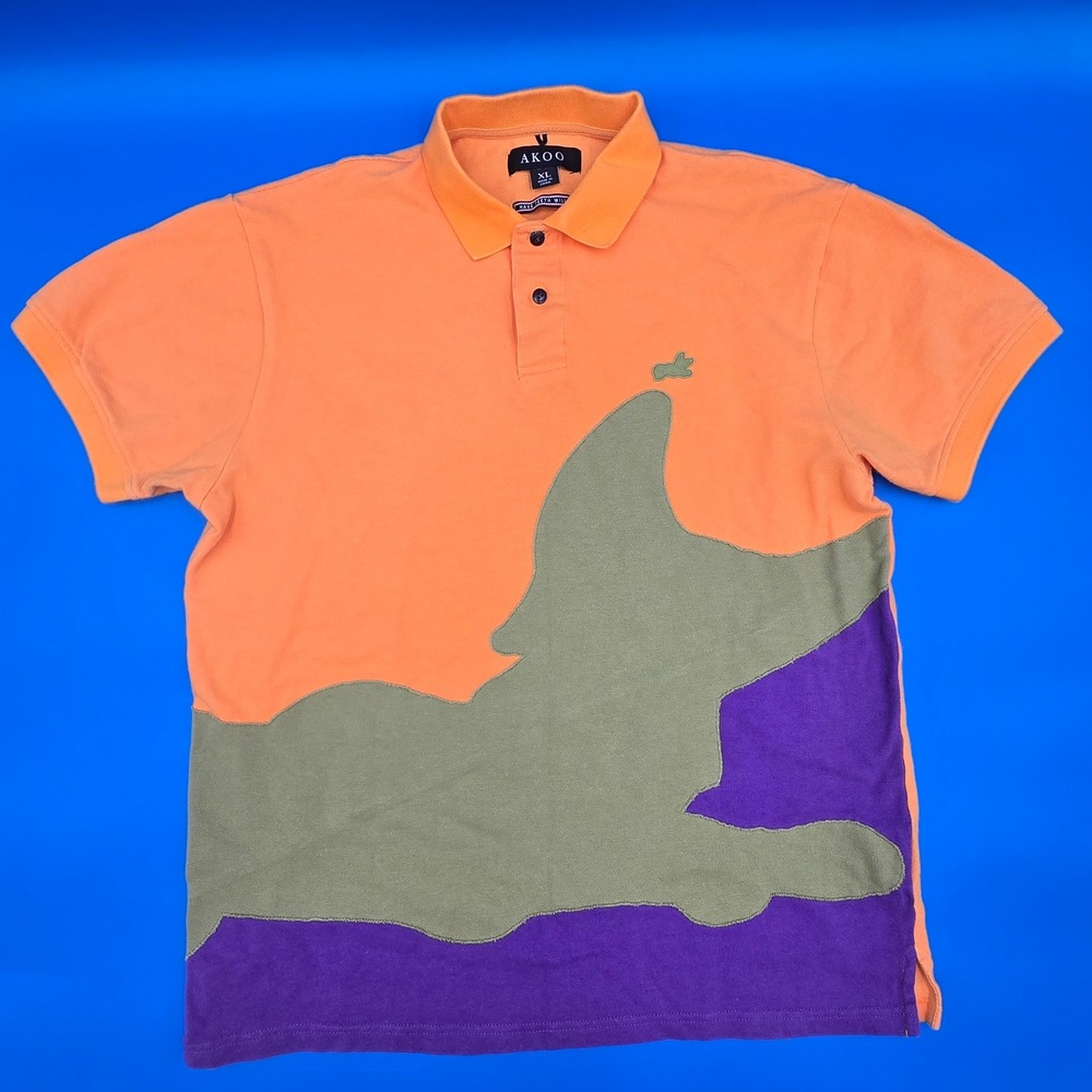 AKOO Patchwork Fox Polo‎ Shirt XL Orange Purple Green Y2K Streetwear T.I.